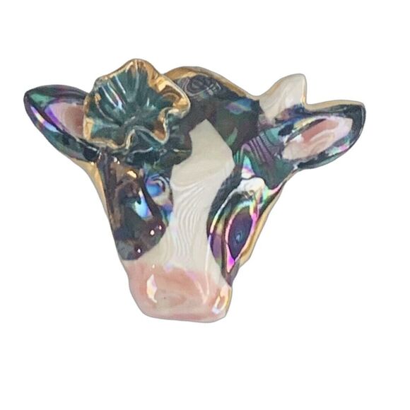 Vintage Cow Slide Button Cover 1.75" 14kt Gold Plated Enamel Figural Jewelry - Picture 3 of 9